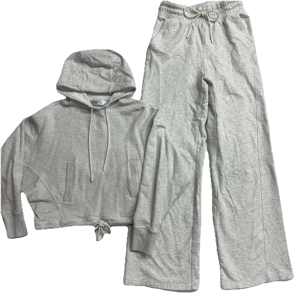 FLX Women's XS Gray Cropped Hoodie & Wide Leg Sweatpants Set Lounge Athleisure‎